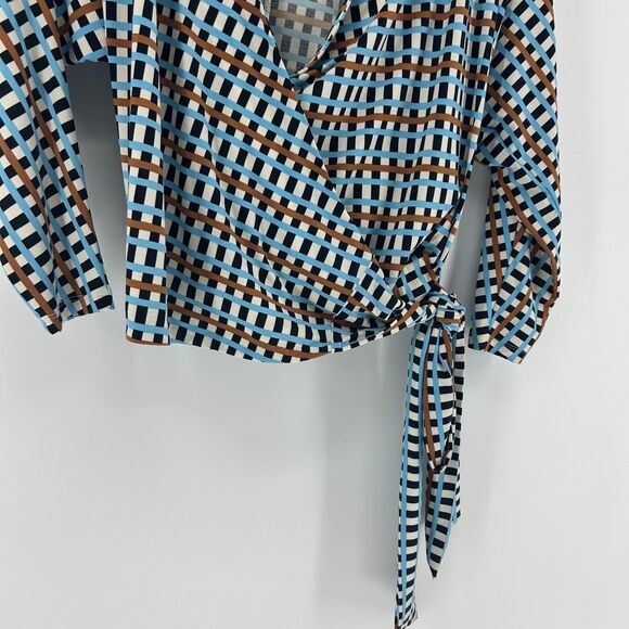 J. McLaughlin Wrap Top Womens XS Blue Brown Geometric Print Blouse Stretchy Soft - Picture 3 of 12